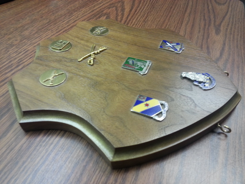 Custom Cut Medals Plaque, custom cut shield plaque, walnut shield cutout