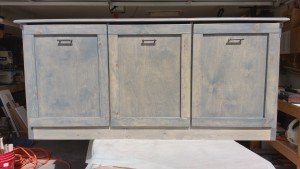 laundry sorter, aged appearance, reclaimed lumber, distressed look furniture,  gray finish, satin finish, rough lumber